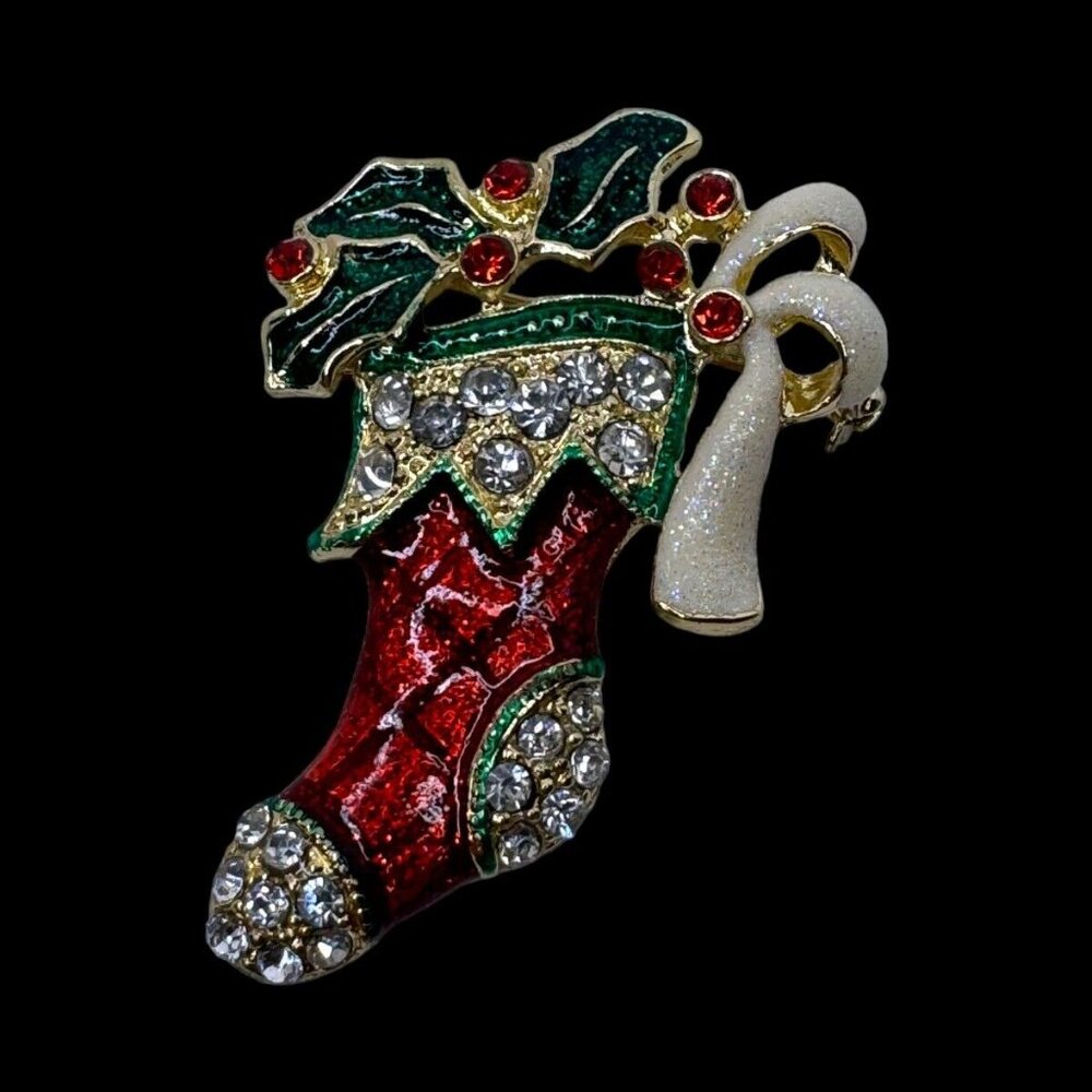 Tanya Creations Christmas Brooch Pin Stocking Holly Enamel Rhinestones 2.25 in - Picture 2 of 6